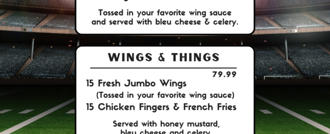 Promotional flyer for Tijuana Taxi Co's SuperBowl Party Platter Menu. Background is a football field in a stadium with bold yellow 'SUPERBOWL' headline. Menu items include: Fresh Jumbo Wings—25 wings for $39.99 or 50 wings for $74.99, tossed in choice of wing sauce and served with bleu cheese and celery. Wings & Things platter for $79.99 with 15 jumbo wings, 15 chicken fingers, and French fries, served with honey mustard, bleu cheese, and celery. Touchdown Platter for $99.99 with 15 mozzarella sticks, 15 chicken fingers, and 16 chiquito quesadilla wedges (chicken and cheese), served with marinara sauce, honey mustard, and sour cream. Football graphic shown at bottom.