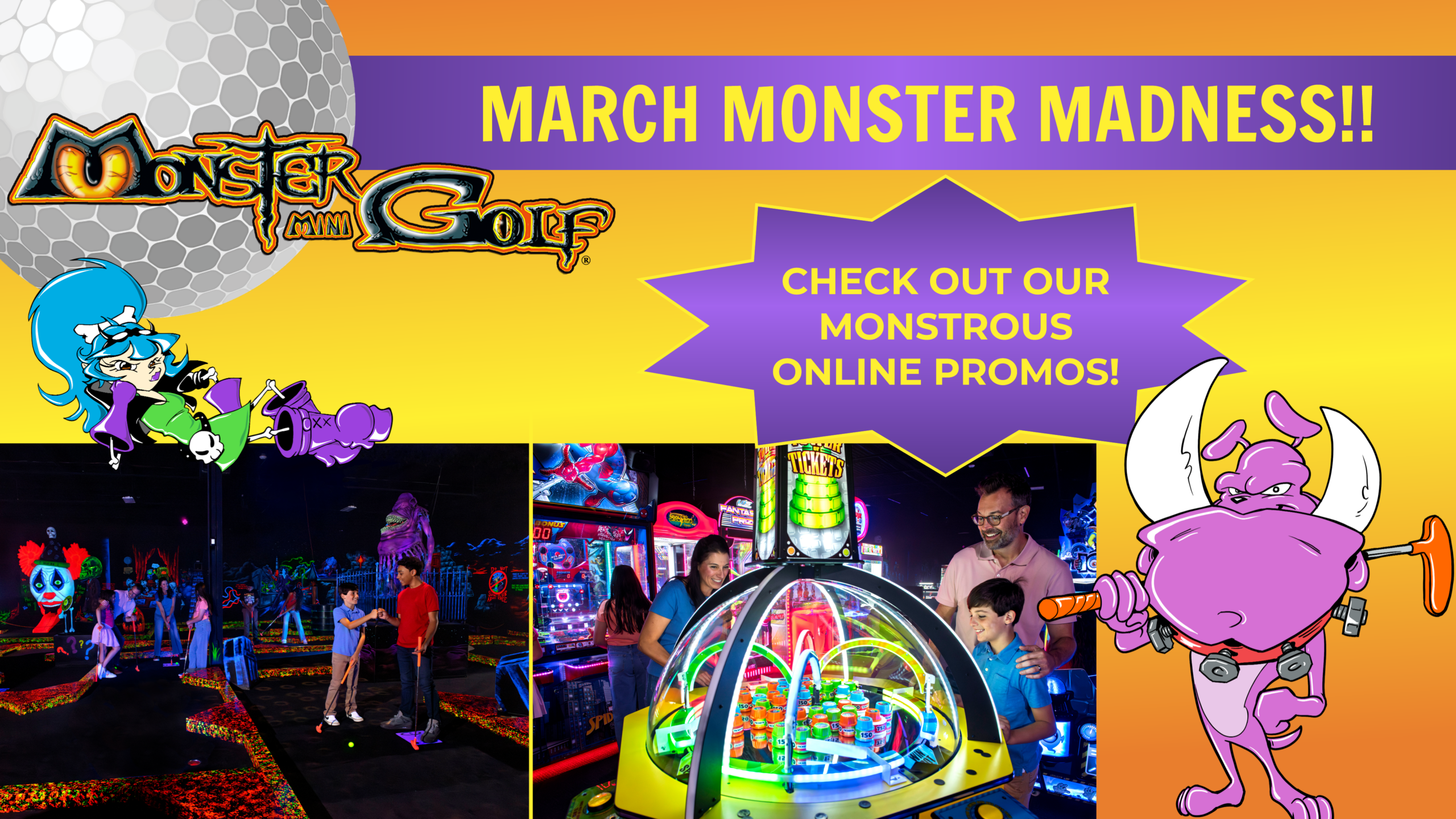 A colorful promotional graphic for Monster Mini Golf in Coral Springs. It features cartoon monster characters, photos of people within the business playing glow-in-the-dark mini golf and arcade games. There is bold text advertising "March Monster Madness" and online promotions.