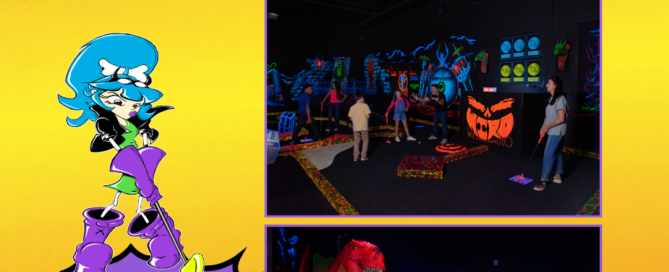 A colorful promotional poster for Monster Mini Golf’s “1st Annual National Mini Golf Day.” The background is bright orange and purple with two photos of an indoor, glow‑in‑the‑dark mini golf course featuring neon lights, Halloween‑themed decorations, and people playing. A cartoon character with blue hair stands beside a starburst graphic that reads “May 9 | Special Youth Pricing All Day.” Another cartoon character with white hair holding a golf club appears at the bottom right. The tagline says, “Keeping guests young at heart, one round at a time.”