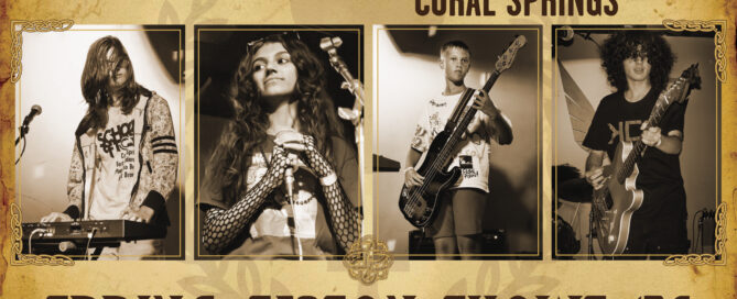 Promotional poster for School of Rock Coral Springs: four sepia photos of young performers (keyboard, vocalist, bass, electric guitar) on a vintage parchment background; headline reads “SCHOOL OF ROCK CORAL SPRINGS SPRING SEASON SHOWS ’26.”